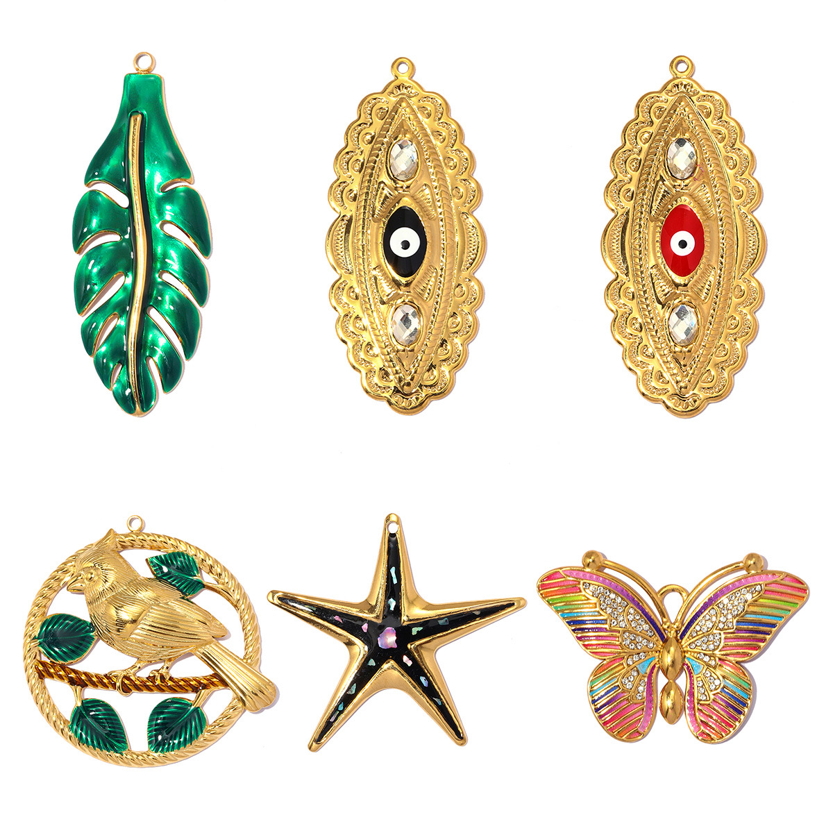 6pcs/pack Stainless Steel Magpie Leaf DIY Charms Enamel Butterfly Starfish Necklace Pendants Woman Oval Evil Eye Jewelry Wholesale