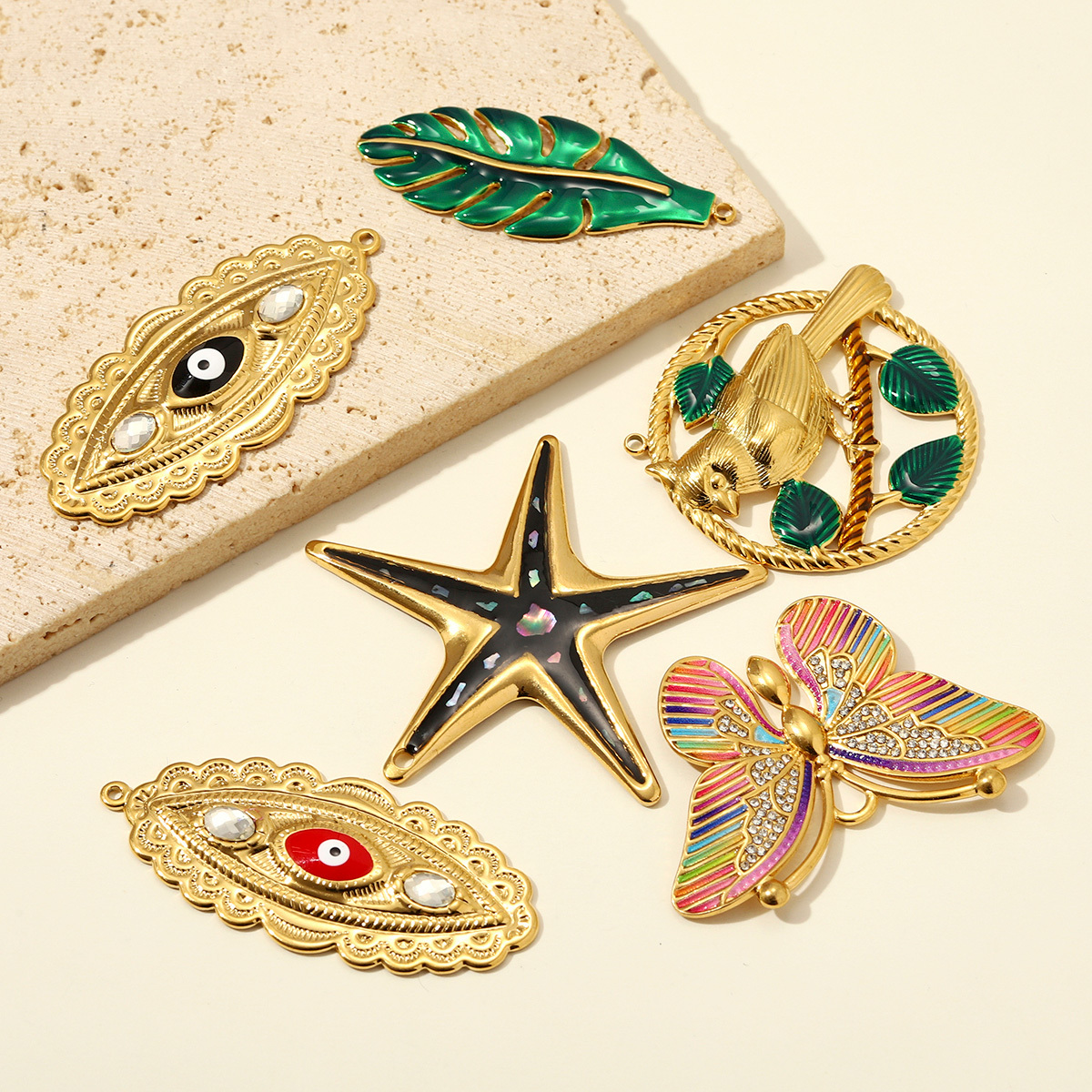 6pcs/pack Stainless Steel Magpie Leaf DIY Charms Enamel Butterfly Starfish Necklace Pendants Woman Oval Evil Eye Jewelry Wholesale