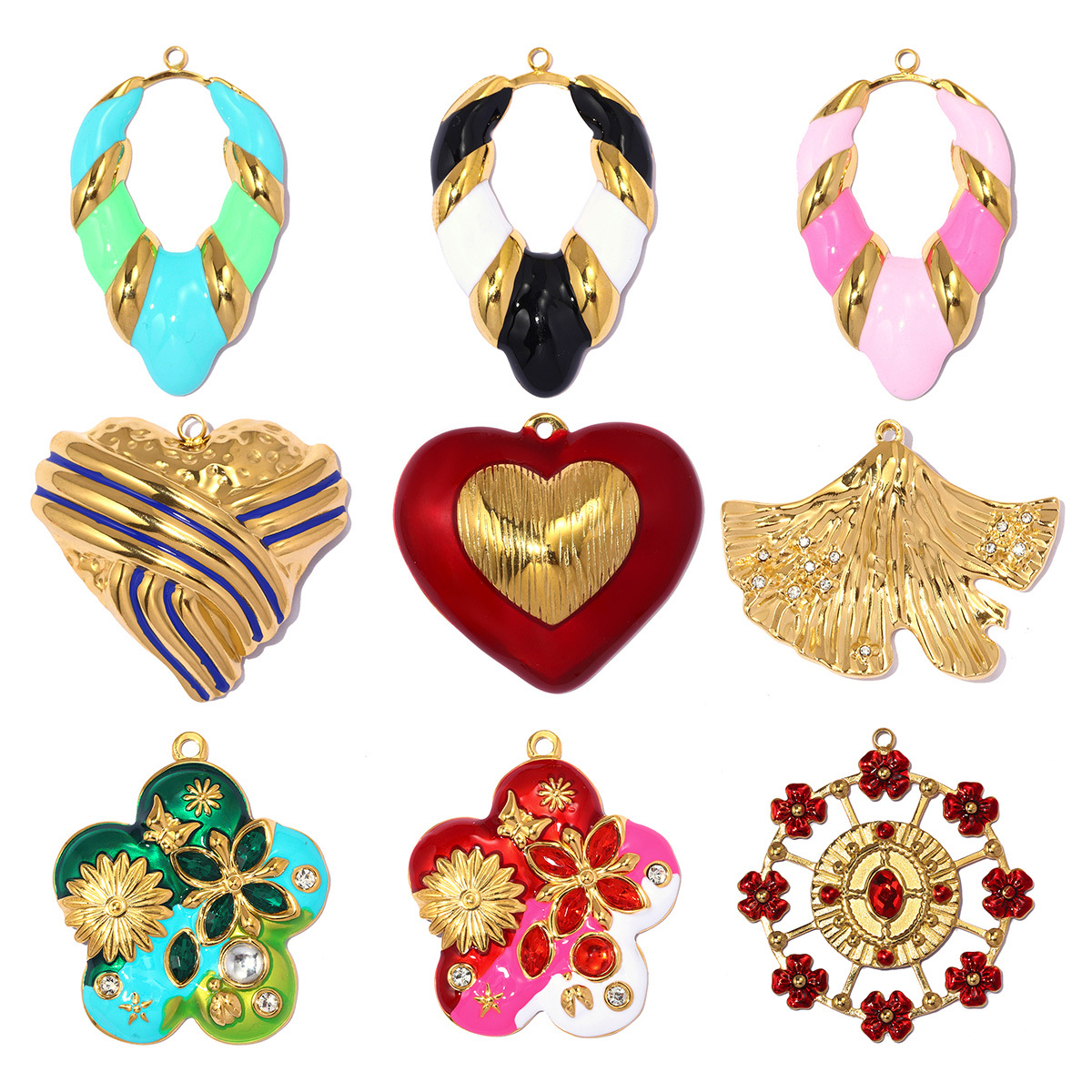 6pcs/pack Stainless Steel Enamel Flower Rudder DIY Charm Rhinestone Ginkgo Leaf Necklace Pendants Woman Heart Jewelry Wholesale