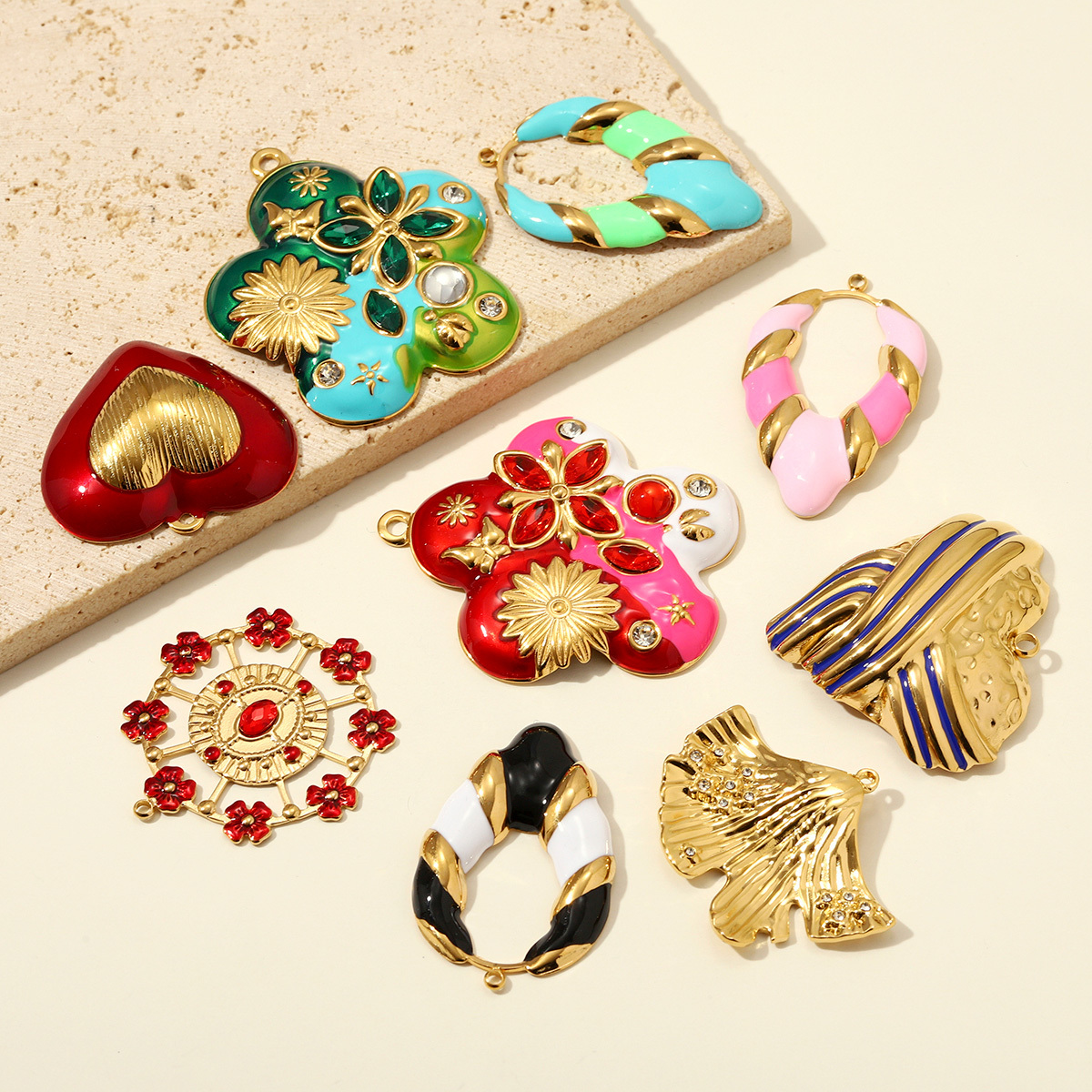 6pcs/pack Stainless Steel Enamel Flower Rudder DIY Charm Rhinestone Ginkgo Leaf Necklace Pendants Woman Heart Jewelry Wholesale