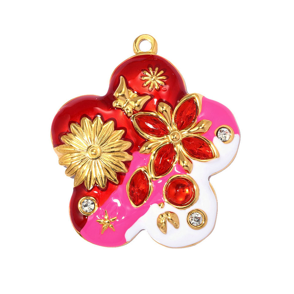 6pcs/pack Stainless Steel Enamel Flower Rudder DIY Charm Rhinestone Ginkgo Leaf Necklace Pendants Woman Heart Jewelry Wholesale