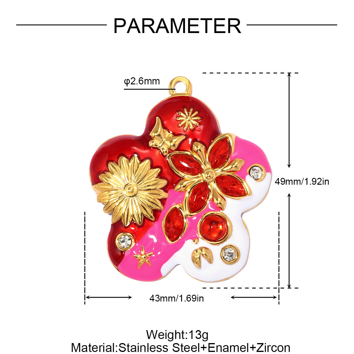6pcs/pack Stainless Steel Enamel Flower Rudder DIY Charm Rhinestone Ginkgo Leaf Necklace Pendants Woman Heart Jewelry Wholesale
