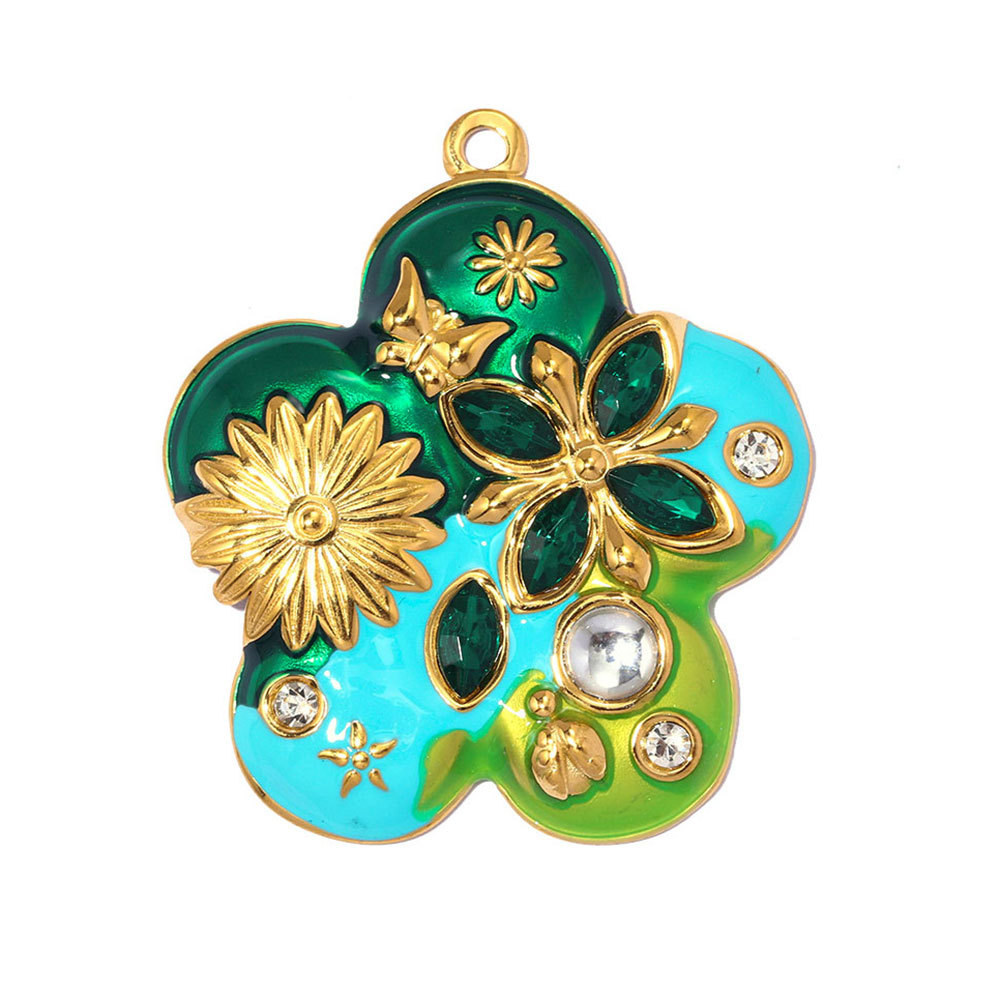 6pcs/pack Stainless Steel Enamel Flower Rudder DIY Charm Rhinestone Ginkgo Leaf Necklace Pendants Woman Heart Jewelry Wholesale
