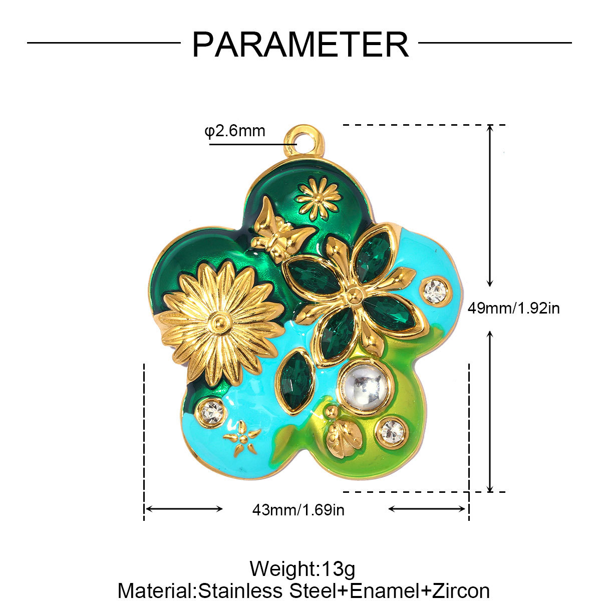 6pcs/pack Stainless Steel Enamel Flower Rudder DIY Charm Rhinestone Ginkgo Leaf Necklace Pendants Woman Heart Jewelry Wholesale