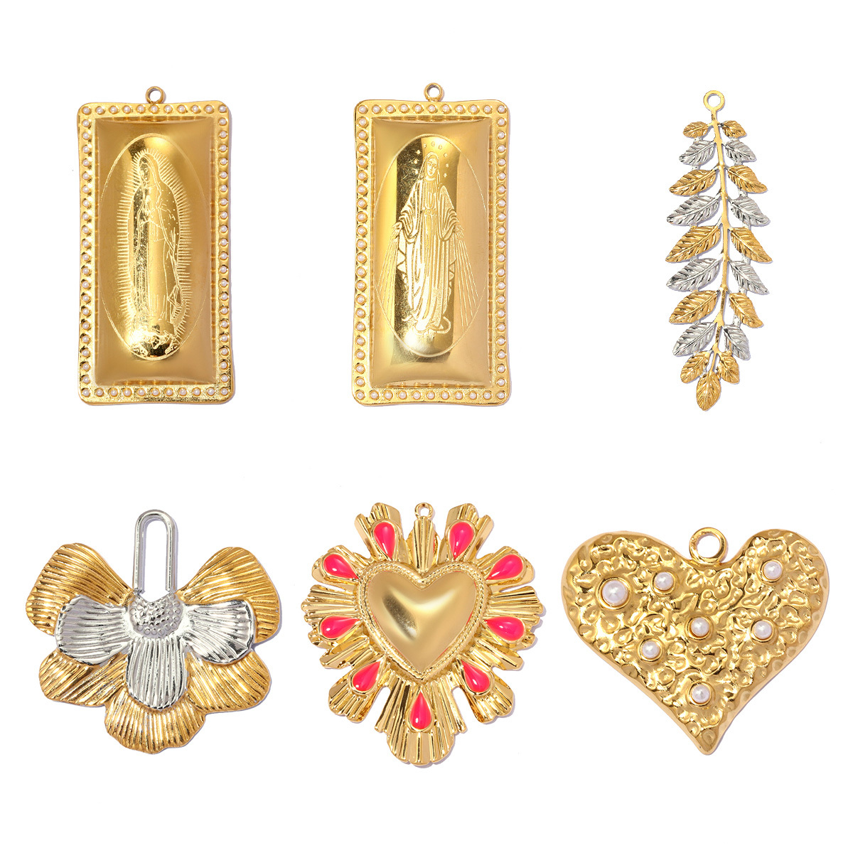 6pcs/pack French Retro Stainless Steel Holy Mother DIY Charm Pearl Ginkgo Leaf Necklace Pendant Woman Fan Heart Jewelry Wholesale