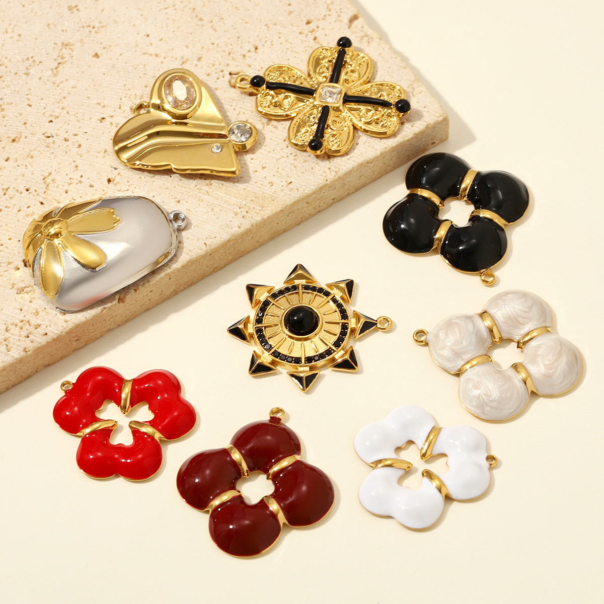 6pcs/pack Stainless Steel Sunflower Clover DIY Earring Charm Two Tone Clover Necklace Pendant Woman Love Heart Jewelry Wholesale