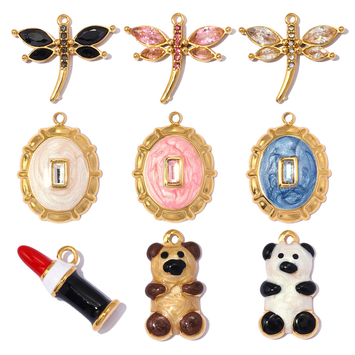 6pcs/pack Stainless Steel Zircon Dragonfly DIY Charms 3D Lipstick Panda Necklace Pendant Woman Round Earring Jewelry Wholesale