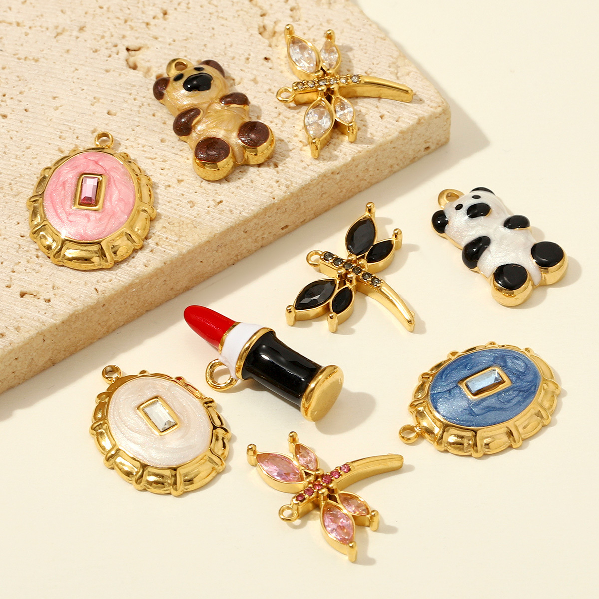 6pcs/pack Stainless Steel Zircon Dragonfly DIY Charms 3D Lipstick Panda Necklace Pendant Woman Round Earring Jewelry Wholesale