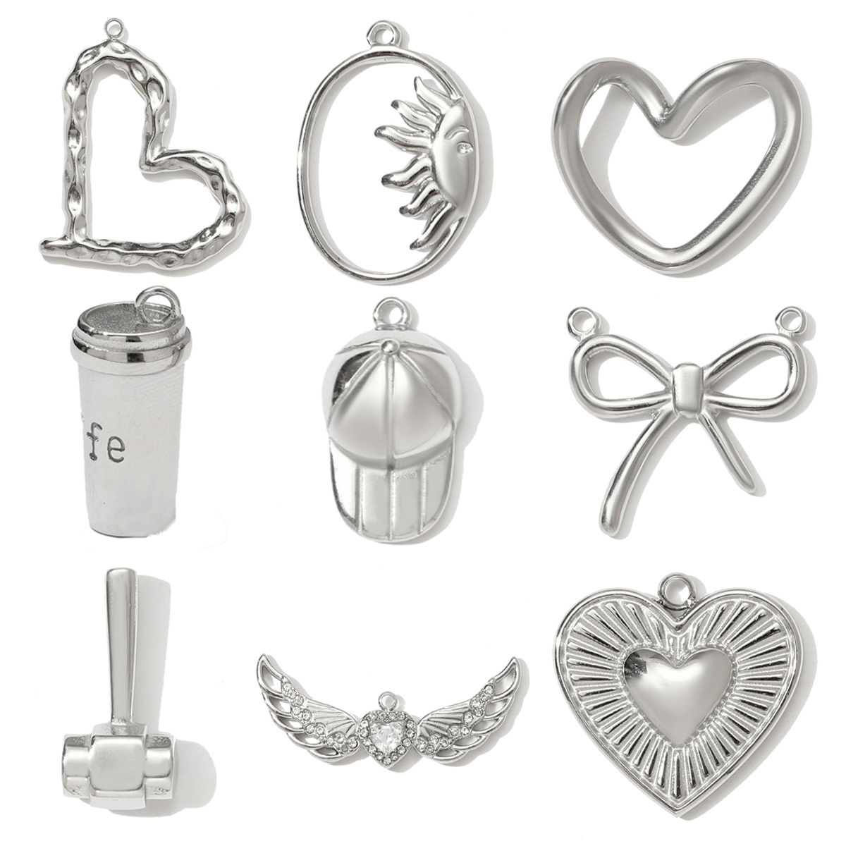 6pcs/pack Mirror Polish Heart Wing Necklace Pendant Stainless Steel Coffee Cup Hammer DIY Charm Women Baseball Cap Jewelry