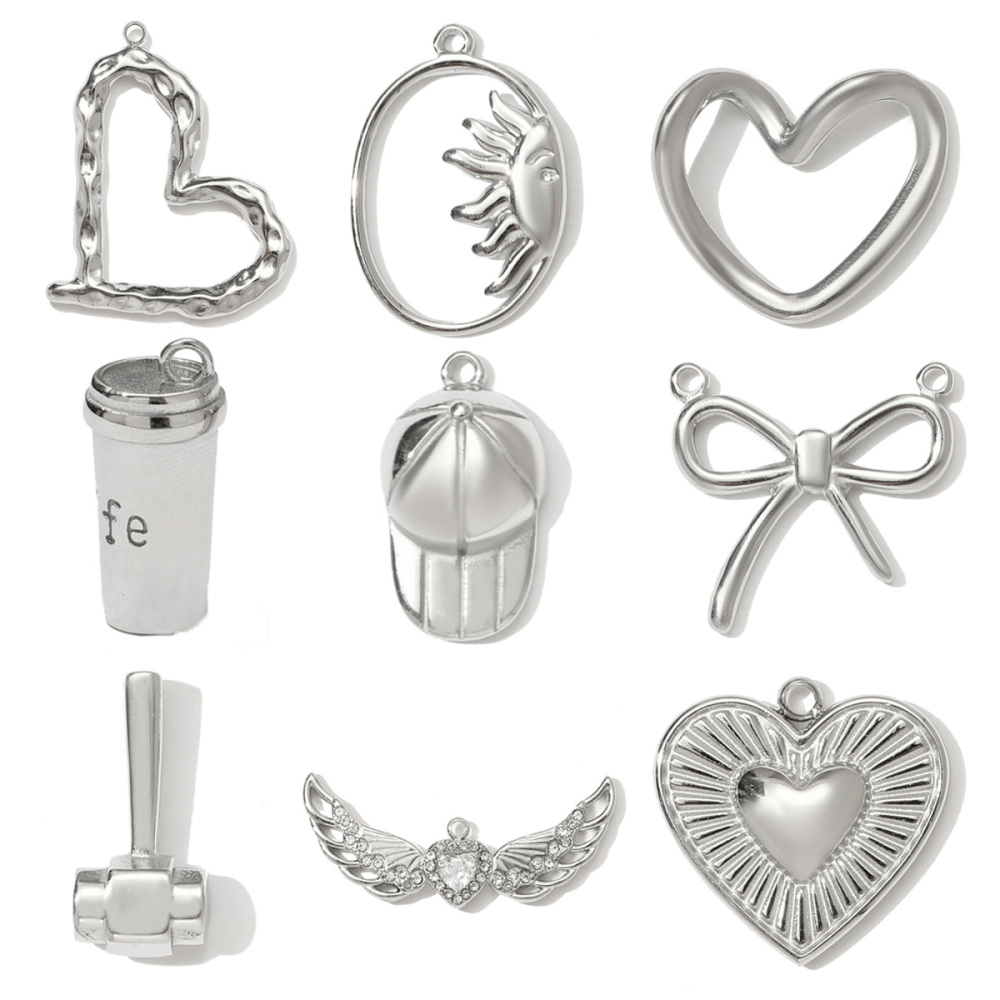 6pcs/pack Mirror Polish Heart Wing Necklace Pendant Stainless Steel Coffee Cup Hammer DIY Charm Women Baseball Cap Jewelry