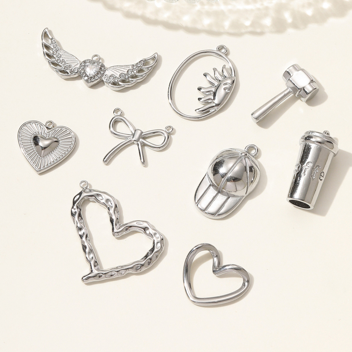 6pcs/pack Mirror Polish Heart Wing Necklace Pendant Stainless Steel Coffee Cup Hammer DIY Charm Women Baseball Cap Jewelry