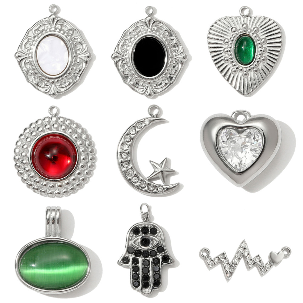6pcs/pack Stainless Steel Heart Oval Rhinestone Necklace Pendant Mirror Polish Star Moon DIY Charm Women Hamsa Hand Jewelry