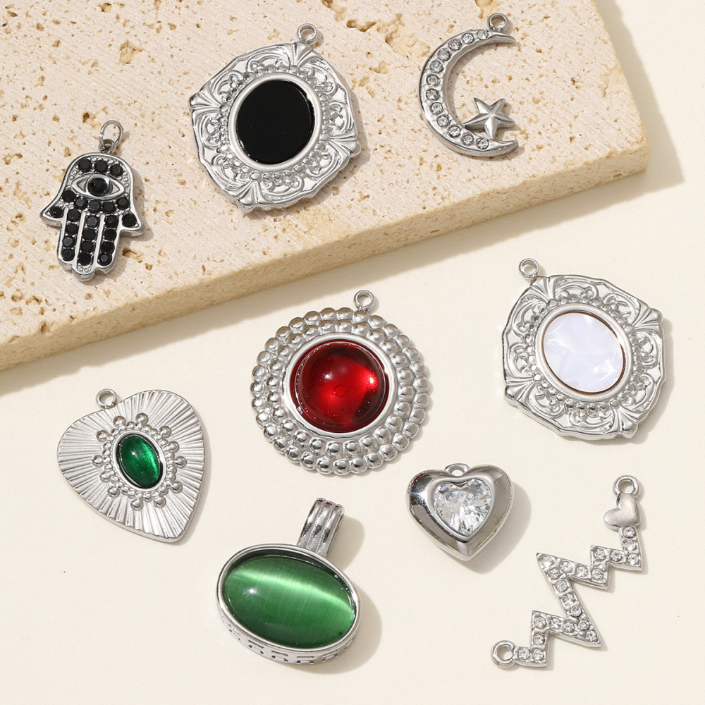 6pcs/pack Stainless Steel Heart Oval Rhinestone Necklace Pendant Mirror Polish Star Moon DIY Charm Women Hamsa Hand Jewelry