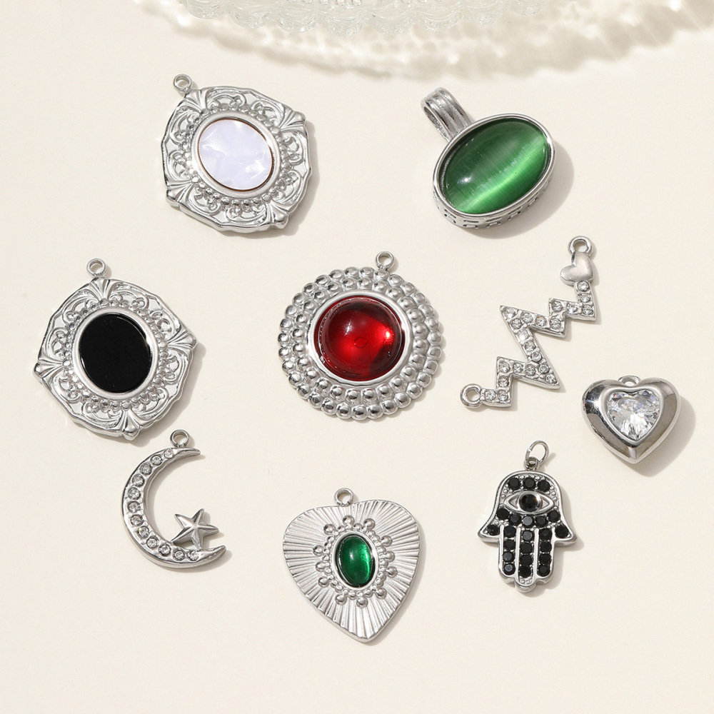 6pcs/pack Stainless Steel Heart Oval Rhinestone Necklace Pendant Mirror Polish Star Moon DIY Charm Women Hamsa Hand Jewelry