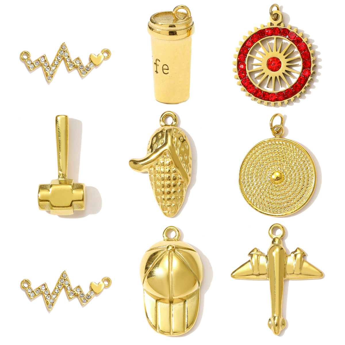 6pcs/pack Stainless Steel Baseball Cap Coffee Necklace Pendant High Polish Airplane Corn DIY Charm Women Hammer Sun Jewelry