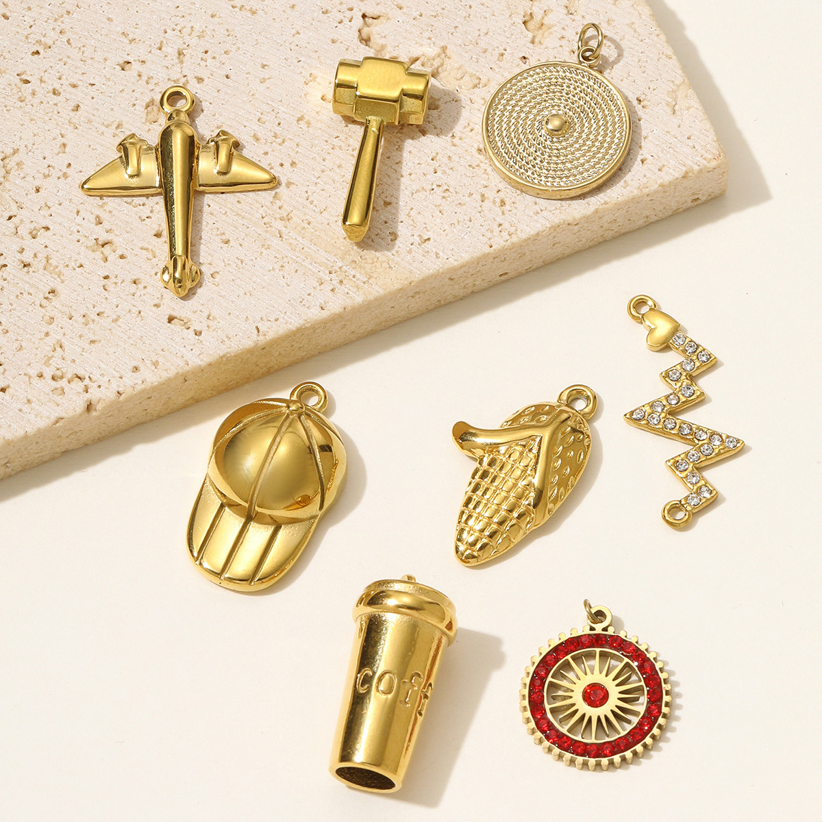 6pcs/pack Stainless Steel Baseball Cap Coffee Necklace Pendant High Polish Airplane Corn DIY Charm Women Hammer Sun Jewelry