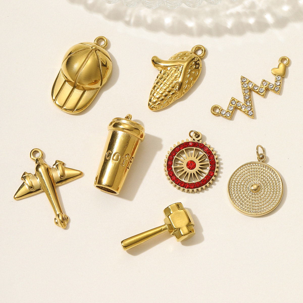 6pcs/pack Stainless Steel Baseball Cap Coffee Necklace Pendant High Polish Airplane Corn DIY Charm Women Hammer Sun Jewelry