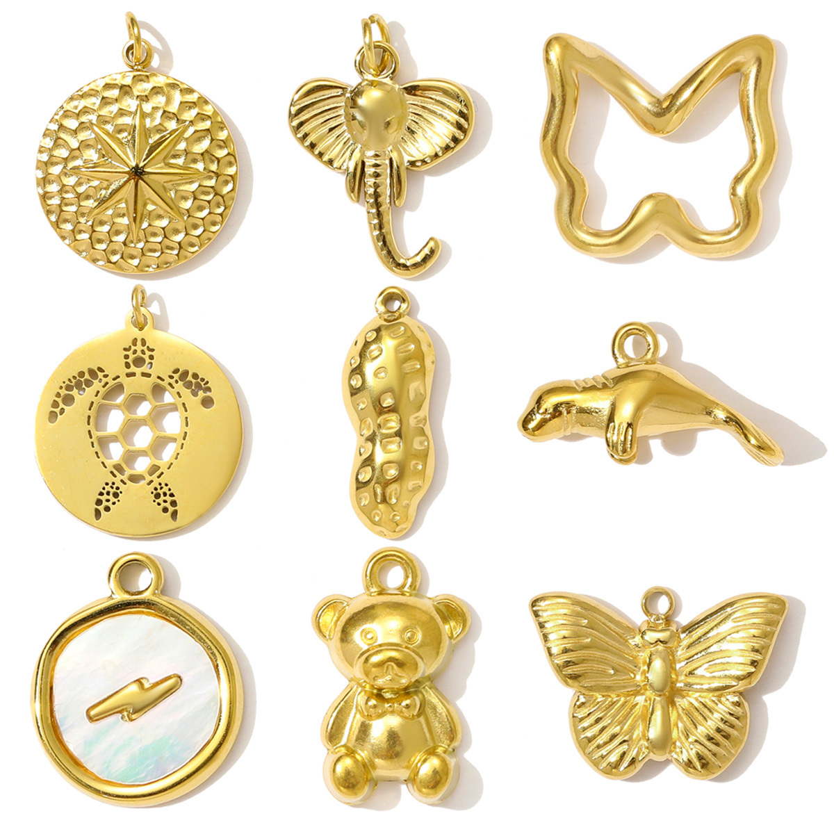 6pcs/pack High Polish Star Lightning Necklace Pendant Stainless Steel Peanut Turtle Elephant DIY Charm Women Butterfly Bear Jewelry