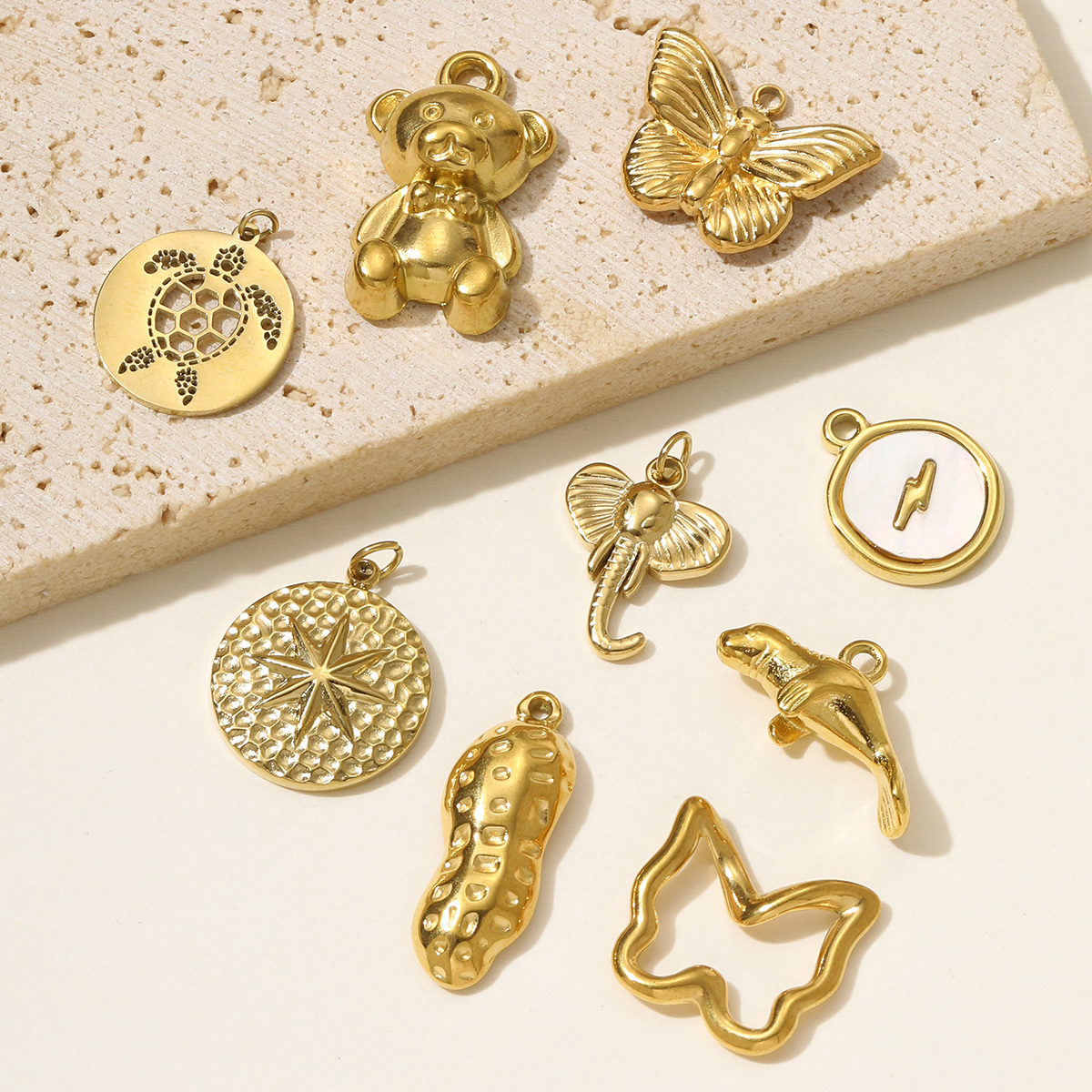 6pcs/pack High Polish Star Lightning Necklace Pendant Stainless Steel Peanut Turtle Elephant DIY Charm Women Butterfly Bear Jewelry