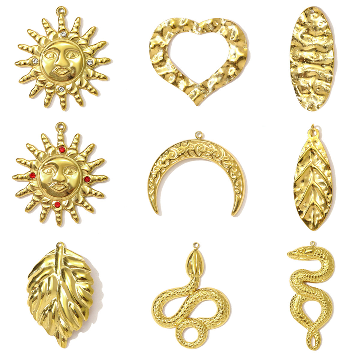 6pcs/pack High Polish Rhinestone Sun Necklace Pendant Stainless Steel Snake Leaf DIY Earring Charm Women Crescent Moon Jewelry