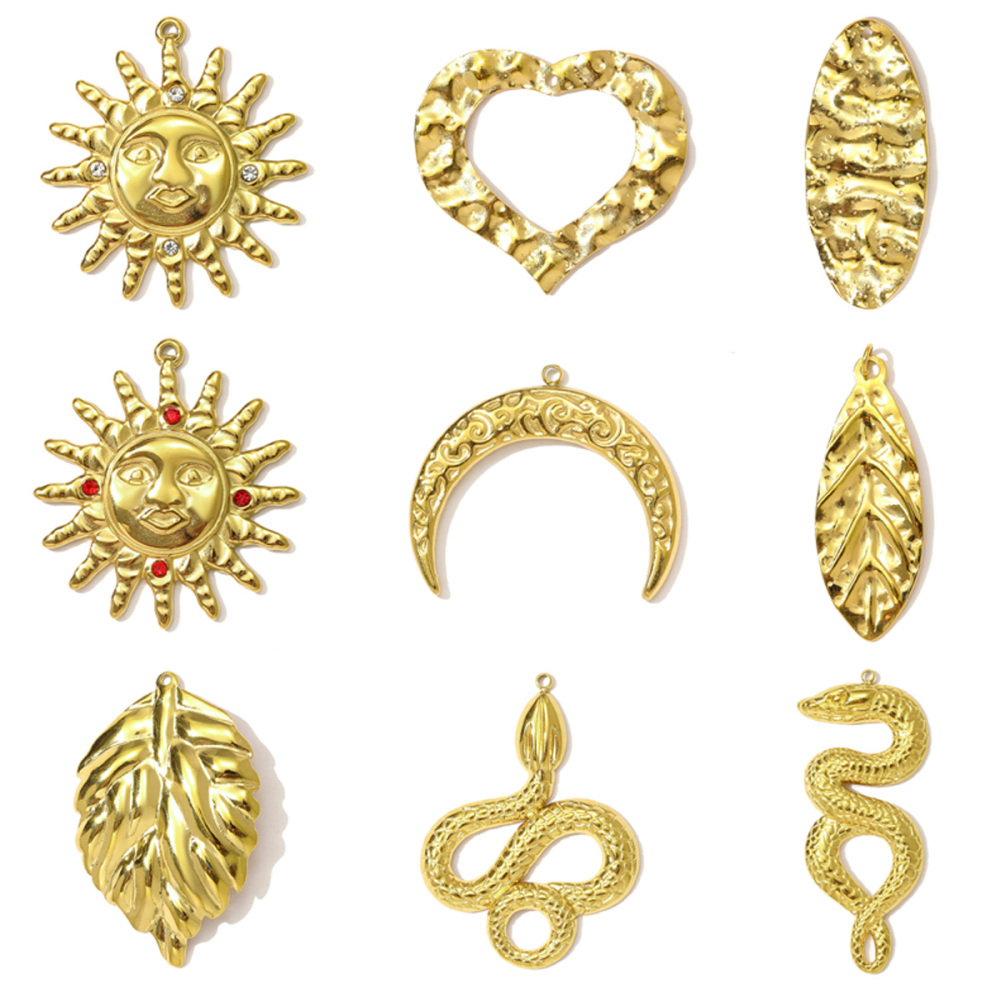 6pcs/pack High Polish Rhinestone Sun Necklace Pendant Stainless Steel Snake Leaf DIY Earring Charm Women Crescent Moon Jewelry