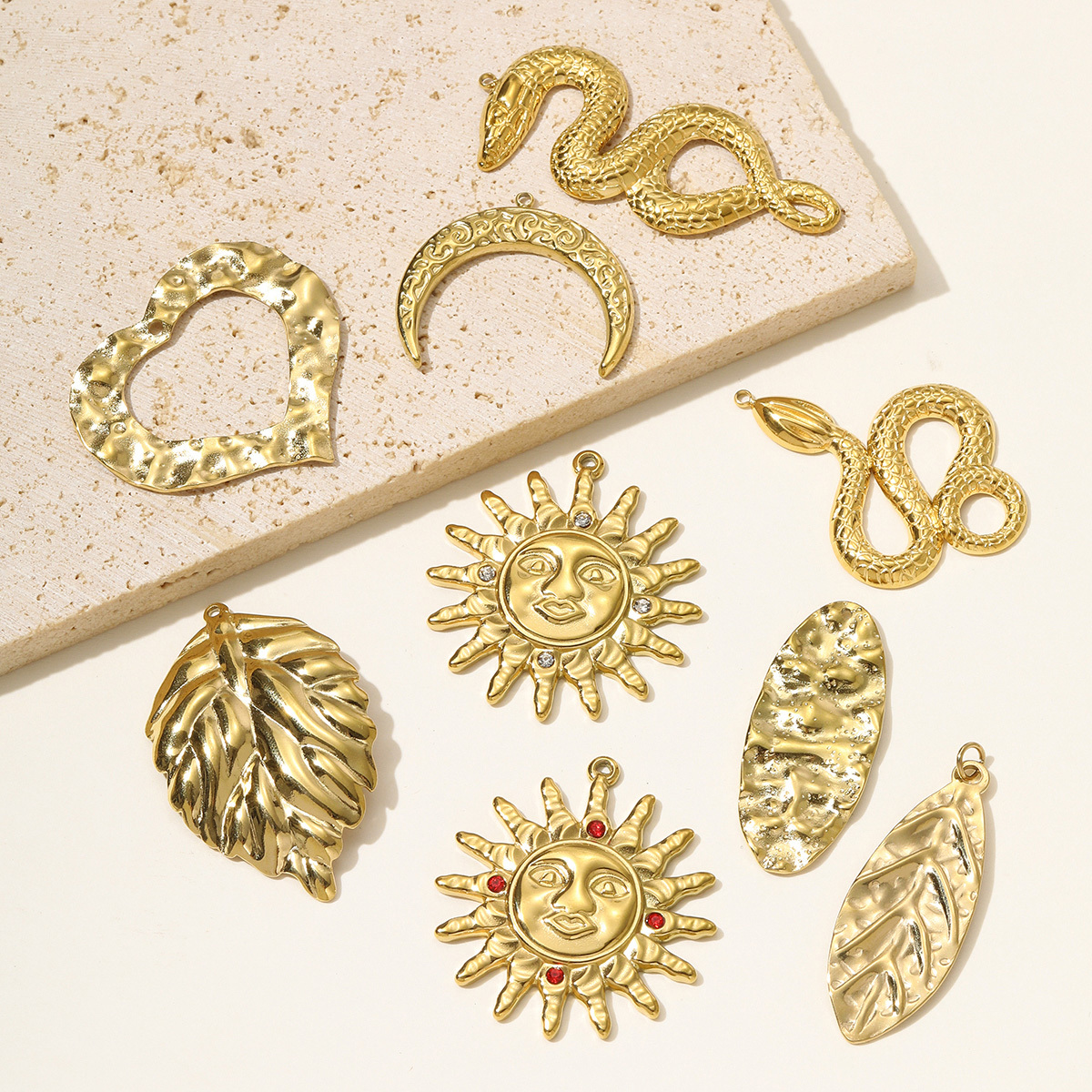6pcs/pack High Polish Rhinestone Sun Necklace Pendant Stainless Steel Snake Leaf DIY Earring Charm Women Crescent Moon Jewelry