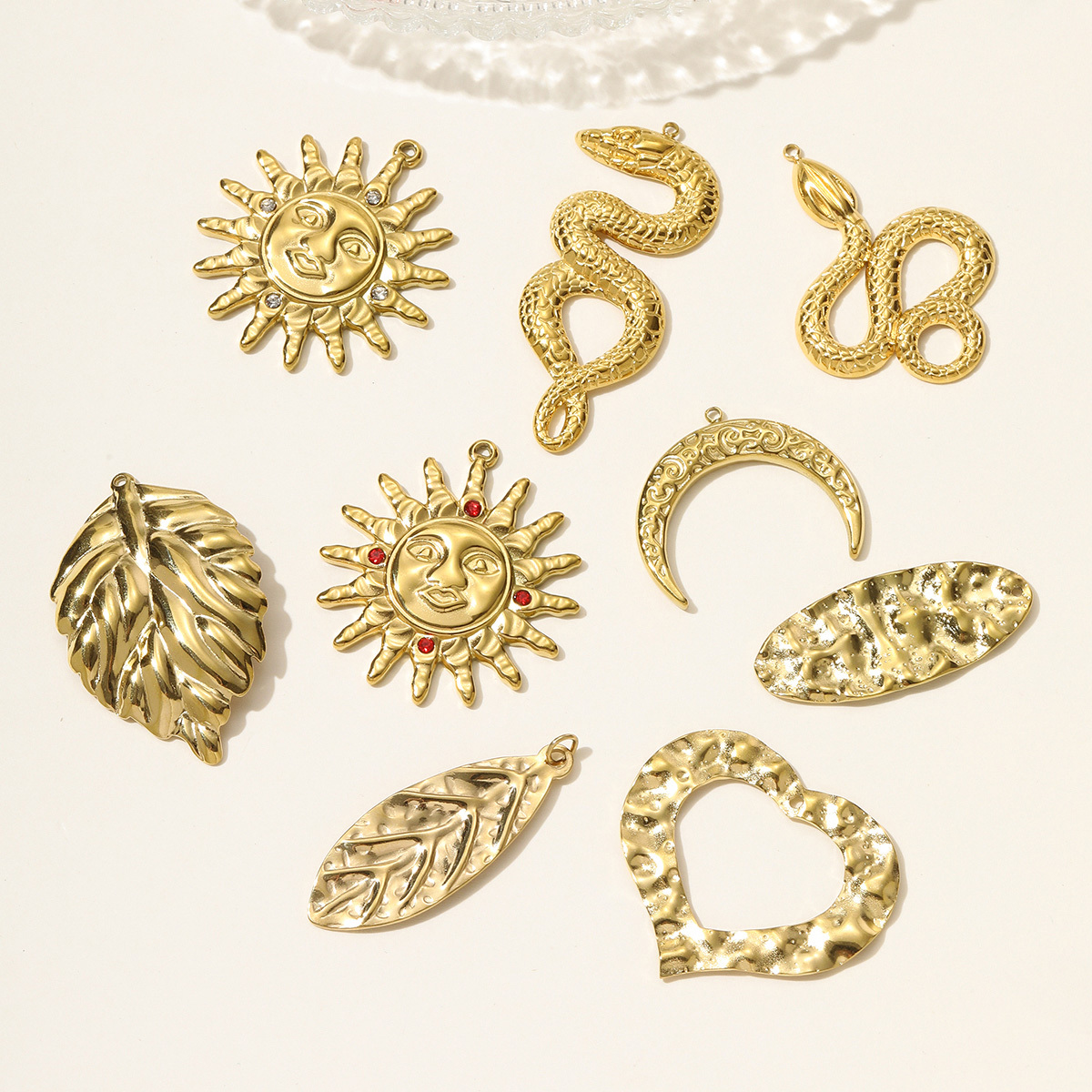 6pcs/pack High Polish Rhinestone Sun Necklace Pendant Stainless Steel Snake Leaf DIY Earring Charm Women Crescent Moon Jewelry