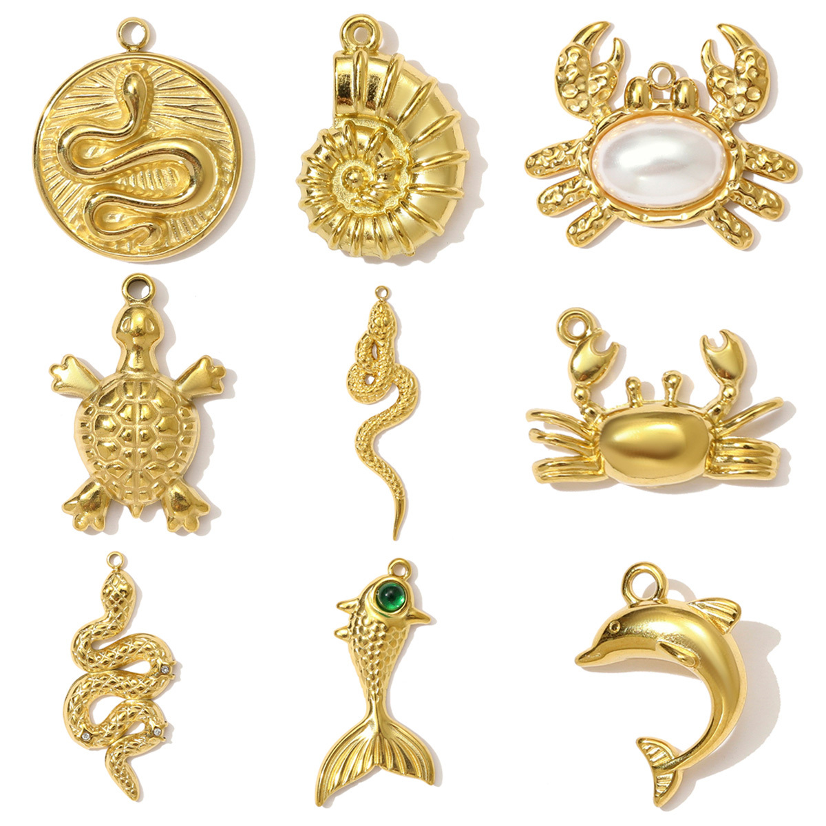 6pcs/pack High Polish Rhinestone Crab Fish Necklace Pendant Stainless Steel Snake Turtle DIY Earring Charm Women Dolphin Jewelry