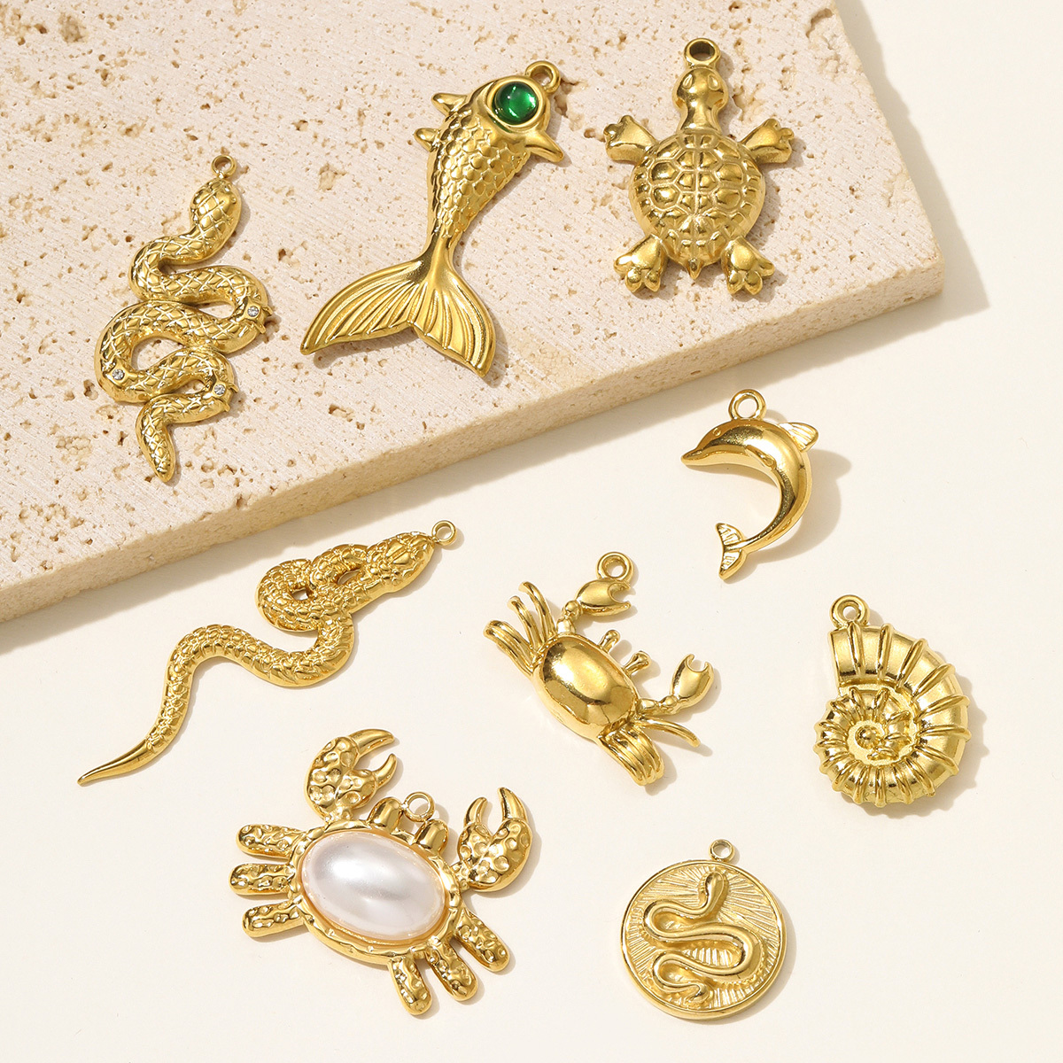 6pcs/pack High Polish Rhinestone Crab Fish Necklace Pendant Stainless Steel Snake Turtle DIY Earring Charm Women Dolphin Jewelry