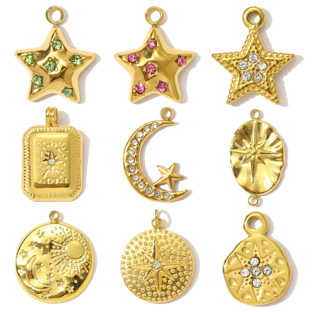 6pcs/pack Stainless Steel High Polish Sun Moon Necklace Pendant Rhinestone Star DIY Earring Charm For Women Holiday Jewelry
