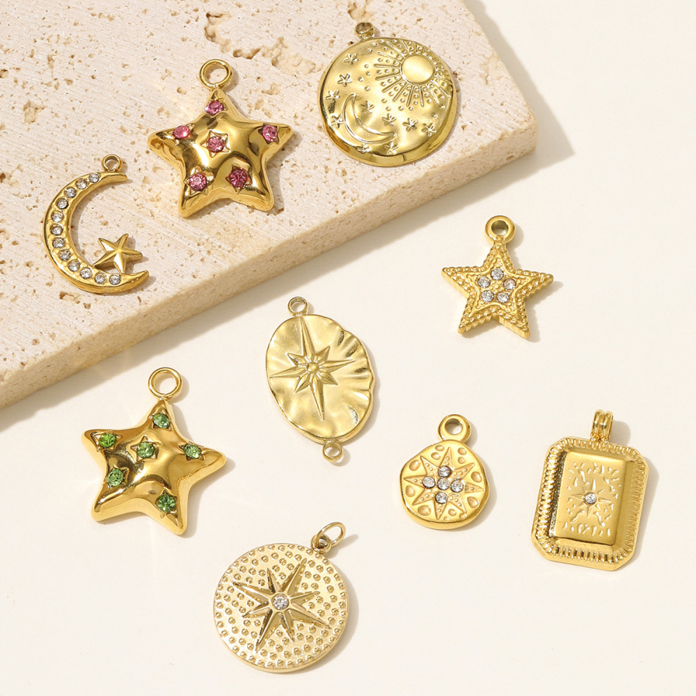 6pcs/pack Stainless Steel High Polish Sun Moon Necklace Pendant Rhinestone Star DIY Earring Charm For Women Holiday Jewelry