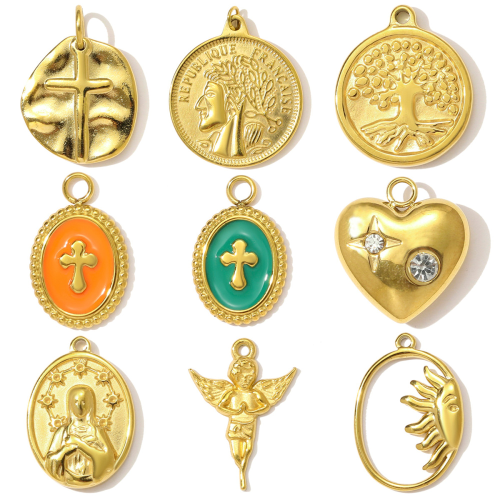6pcs/pack Stainless Steel Enamel Cross Life Tree Round Necklace Pendant The Holy Mother Angel DIY Charm Women Heart Jewelry