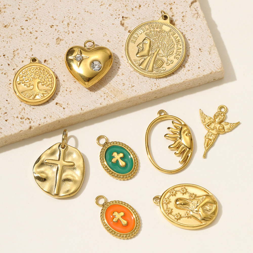 6pcs/pack Stainless Steel Enamel Cross Life Tree Round Necklace Pendant The Holy Mother Angel DIY Charm Women Heart Jewelry