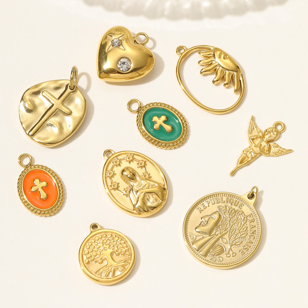 6pcs/pack Stainless Steel Enamel Cross Life Tree Round Necklace Pendant The Holy Mother Angel DIY Charm Women Heart Jewelry