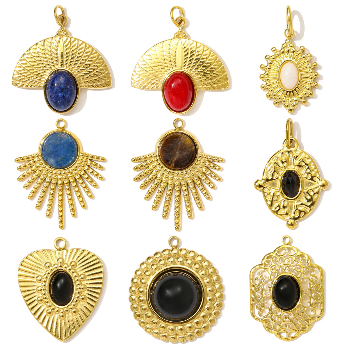 6pcs/pack Stainless Steel Natural Sotne Geometric Necklace Pendant Black Agate Oval Heart DIY Earring Charm Women Fan-shaped Jewelry