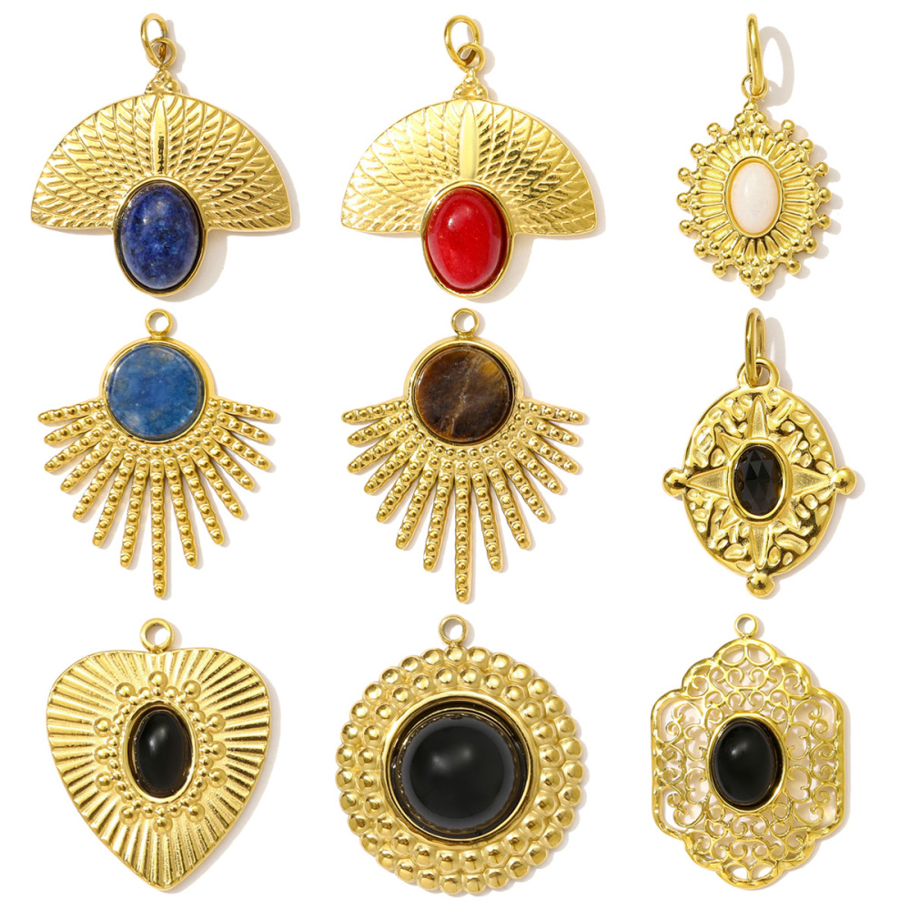 6pcs/pack Stainless Steel Natural Sotne Geometric Necklace Pendant Black Agate Oval Heart DIY Earring Charm Women Fan-shaped Jewelry