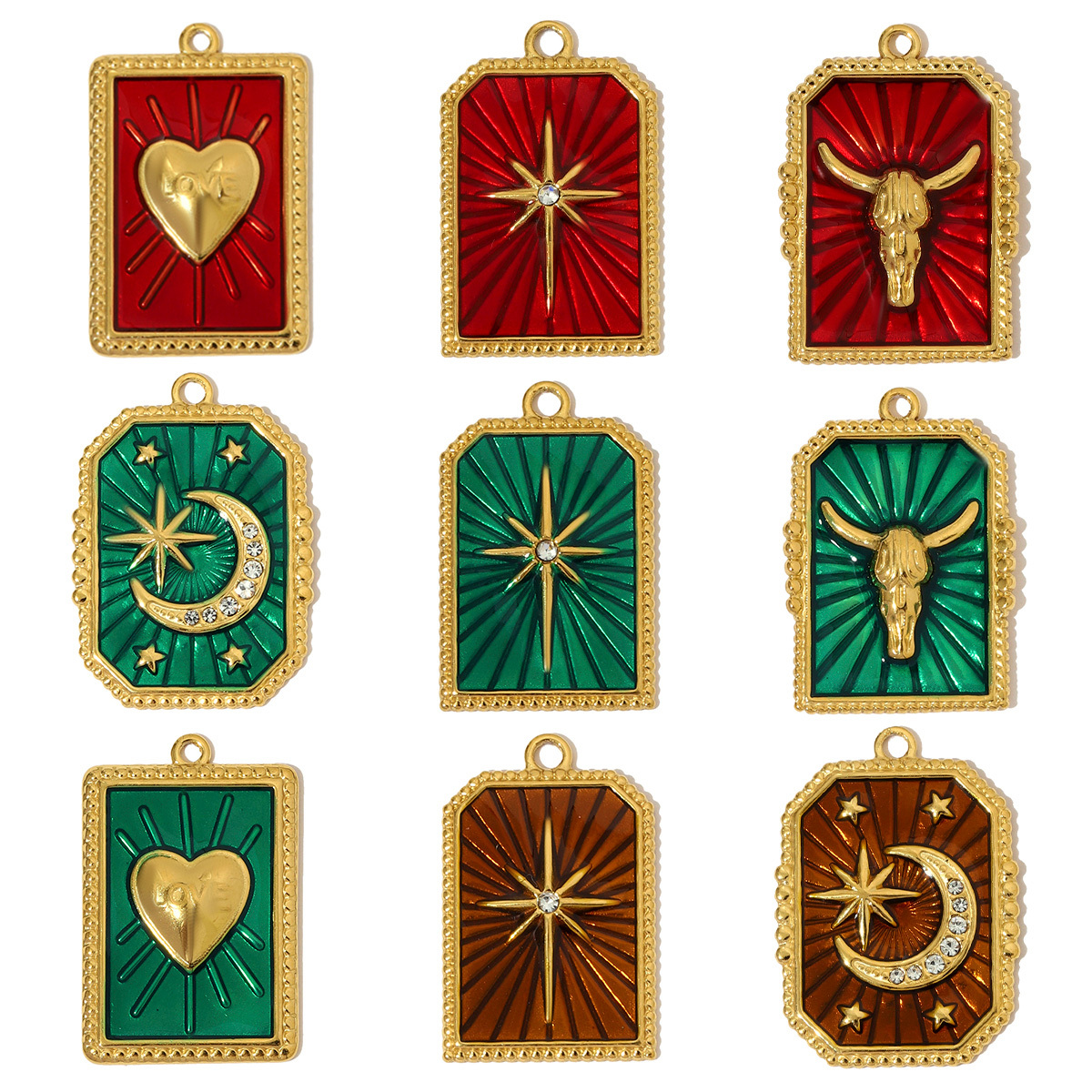 6pcs/pack French Stainless Steel Star Crescent Moon Necklace Pendant Enamel Heart Ox Head DIY Charms Women Suqare Tag Jewelry