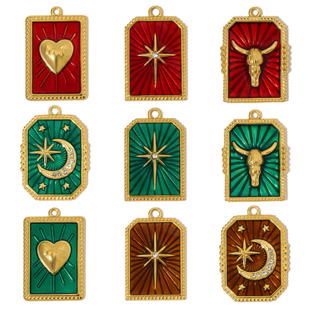 6pcs/pack French Stainless Steel Star Crescent Moon Necklace Pendant Enamel Heart Ox Head DIY Charms Women Suqare Tag Jewelry