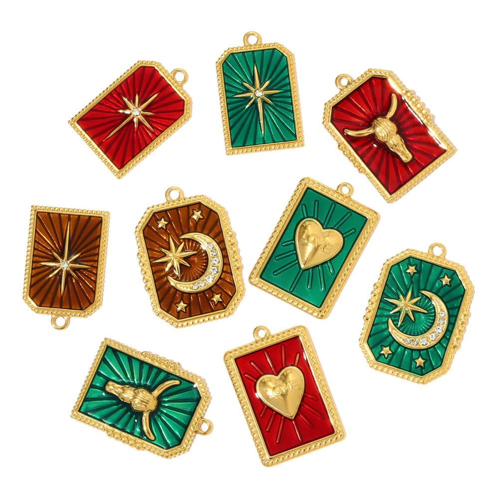 6pcs/pack French Stainless Steel Star Crescent Moon Necklace Pendant Enamel Heart Ox Head DIY Charms Women Suqare Tag Jewelry