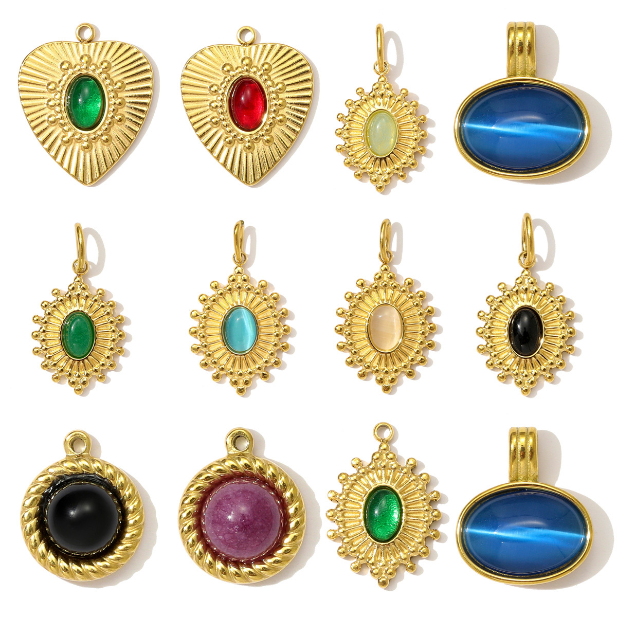 6pcs/pack French Retro Stainless Steel Natural Sotne Heart Necklace Pendant Cat Eye Oval DIY Earring Charm Women Round Jewelry