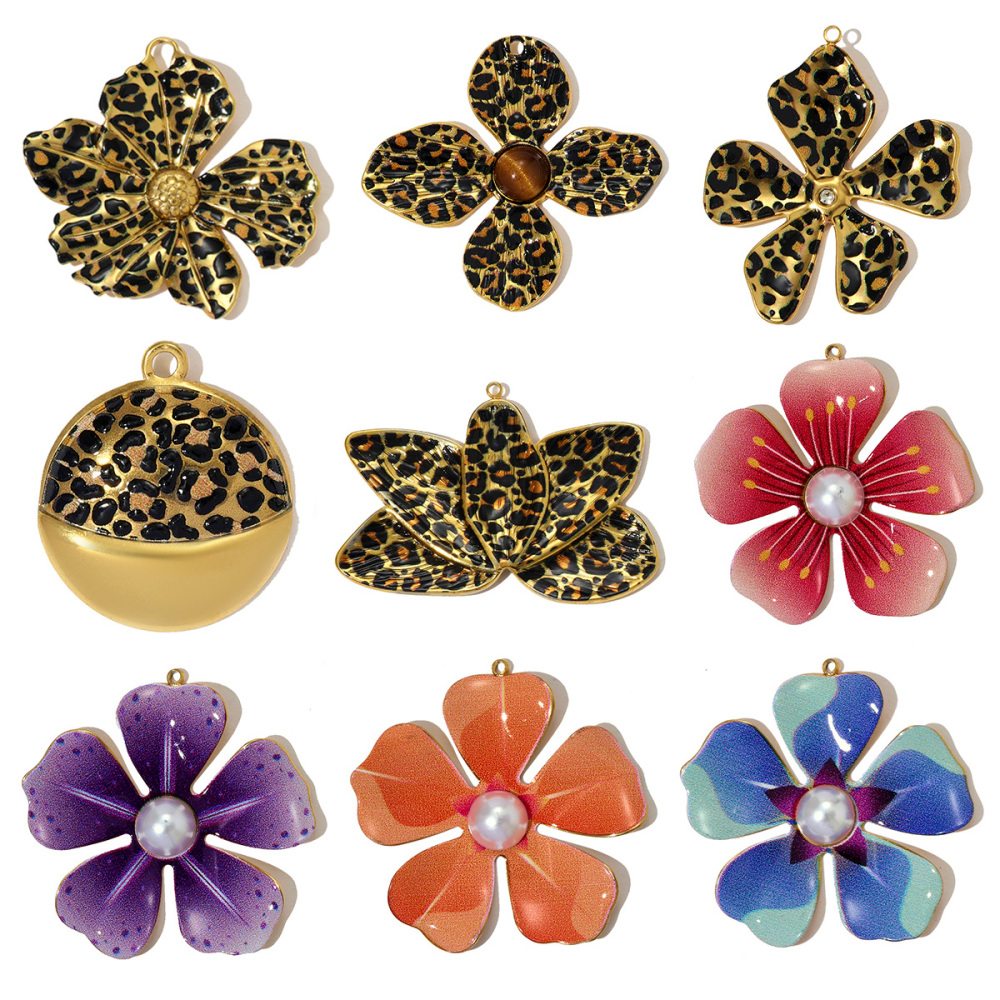 6pcs/pack Big Size Stainless Steel Leopard Print Enamel Flower Necklace Pendants Clover Lotus DIY Earrings Charms Women Jewelry