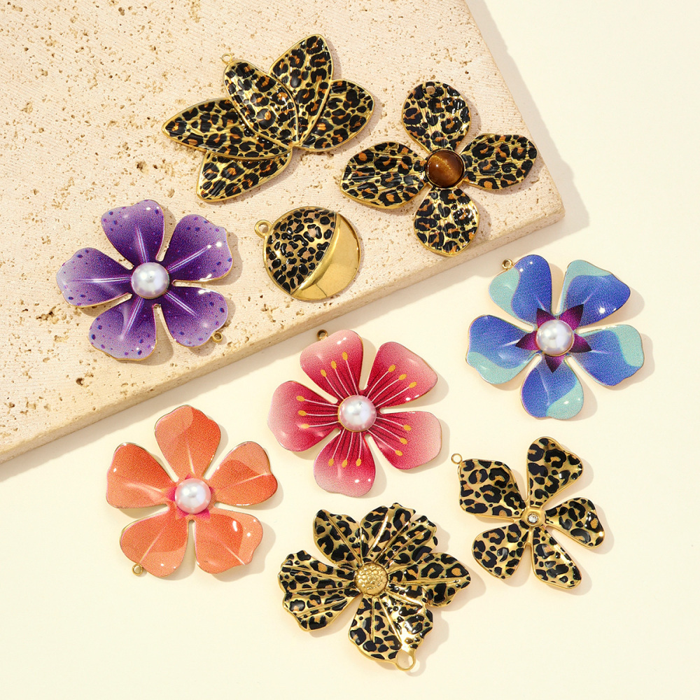 6pcs/pack Big Size Stainless Steel Leopard Print Enamel Flower Necklace Pendants Clover Lotus DIY Earrings Charms Women Jewelry