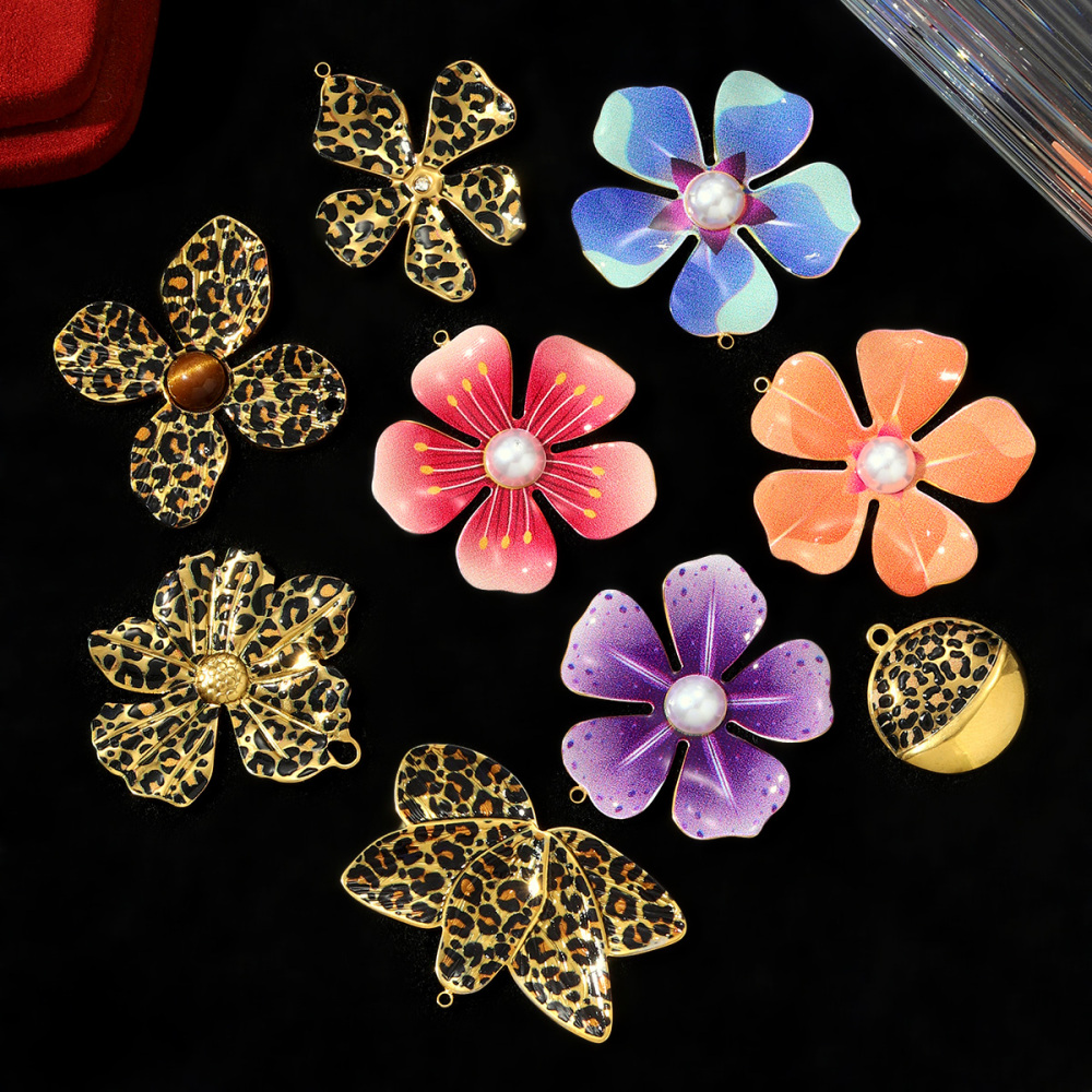 6pcs/pack Big Size Stainless Steel Leopard Print Enamel Flower Necklace Pendants Clover Lotus DIY Earrings Charms Women Jewelry