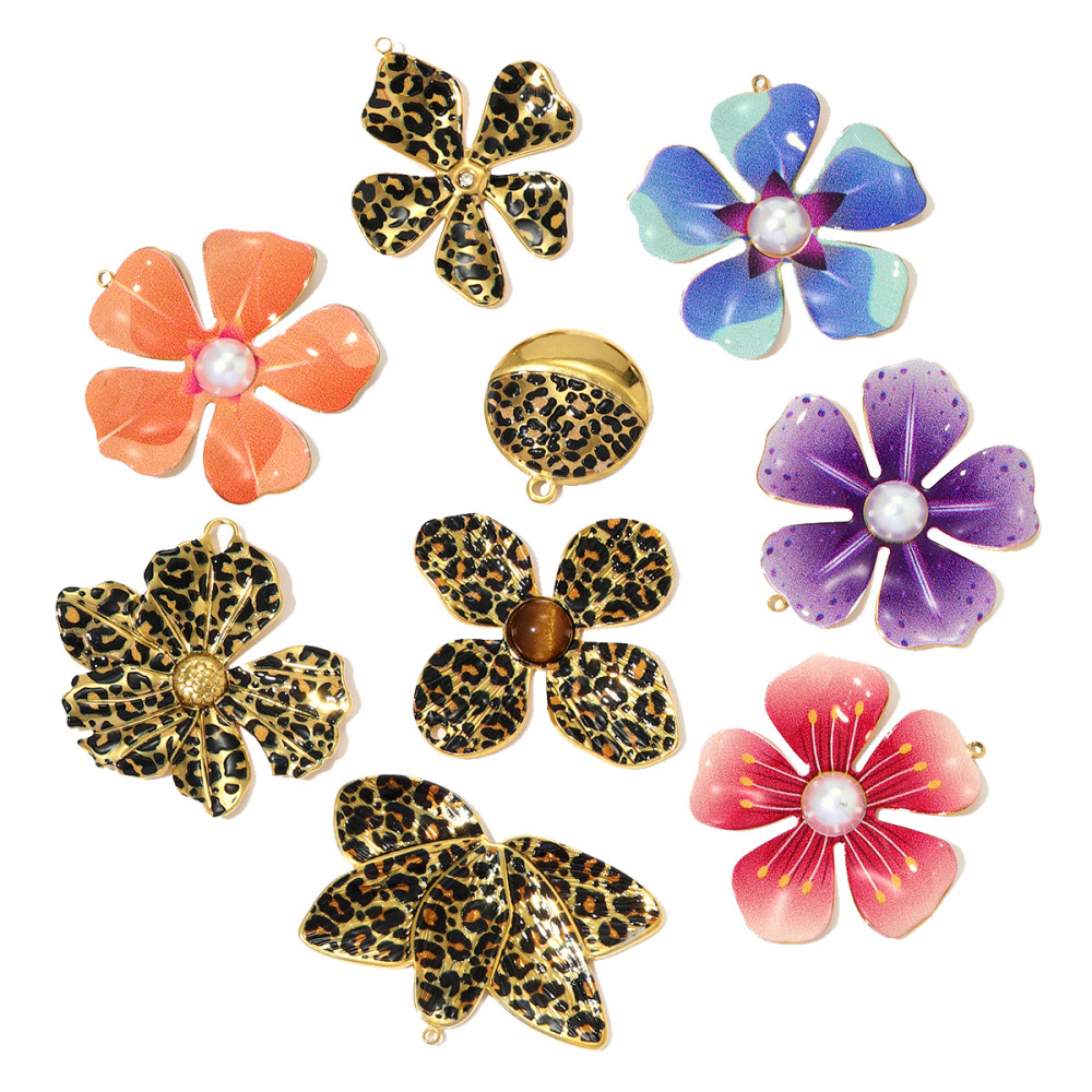 6pcs/pack Big Size Stainless Steel Leopard Print Enamel Flower Necklace Pendants Clover Lotus DIY Earrings Charms Women Jewelry