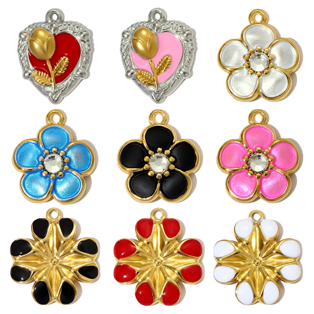 6pcs/pack French Two Tone Stainless Steel Rose Love Heart Necklace Pendants Enamel Flower DIY Earrings Charms Women Daisy Jewelry