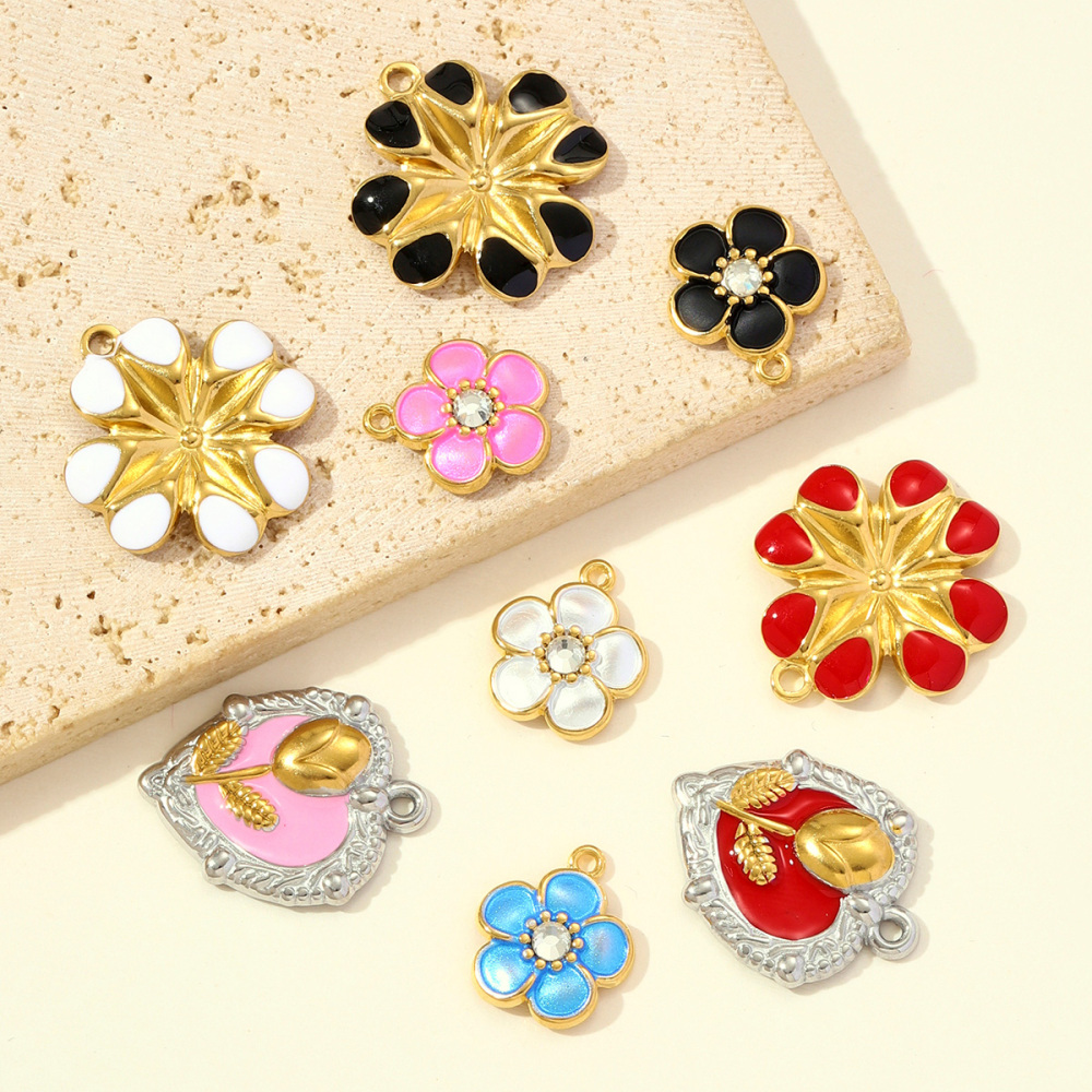 6pcs/pack French Two Tone Stainless Steel Rose Love Heart Necklace Pendants Enamel Flower DIY Earrings Charms Women Daisy Jewelry