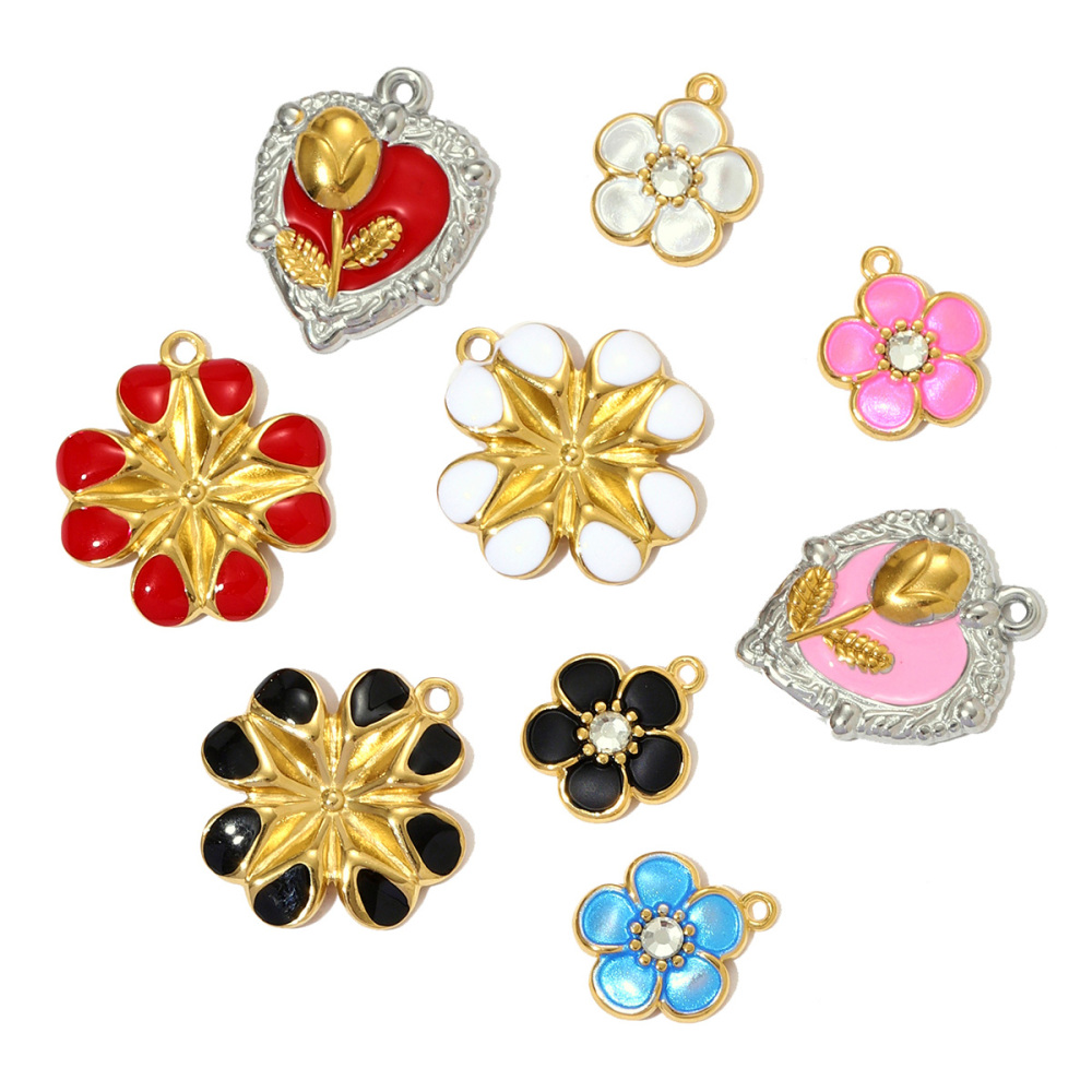 6pcs/pack French Two Tone Stainless Steel Rose Love Heart Necklace Pendants Enamel Flower DIY Earrings Charms Women Daisy Jewelry