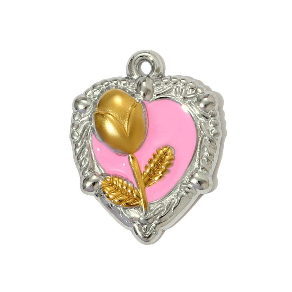 6pcs/pack French Two Tone Stainless Steel Rose Love Heart Necklace Pendants Enamel Flower DIY Earrings Charms Women Daisy Jewelry