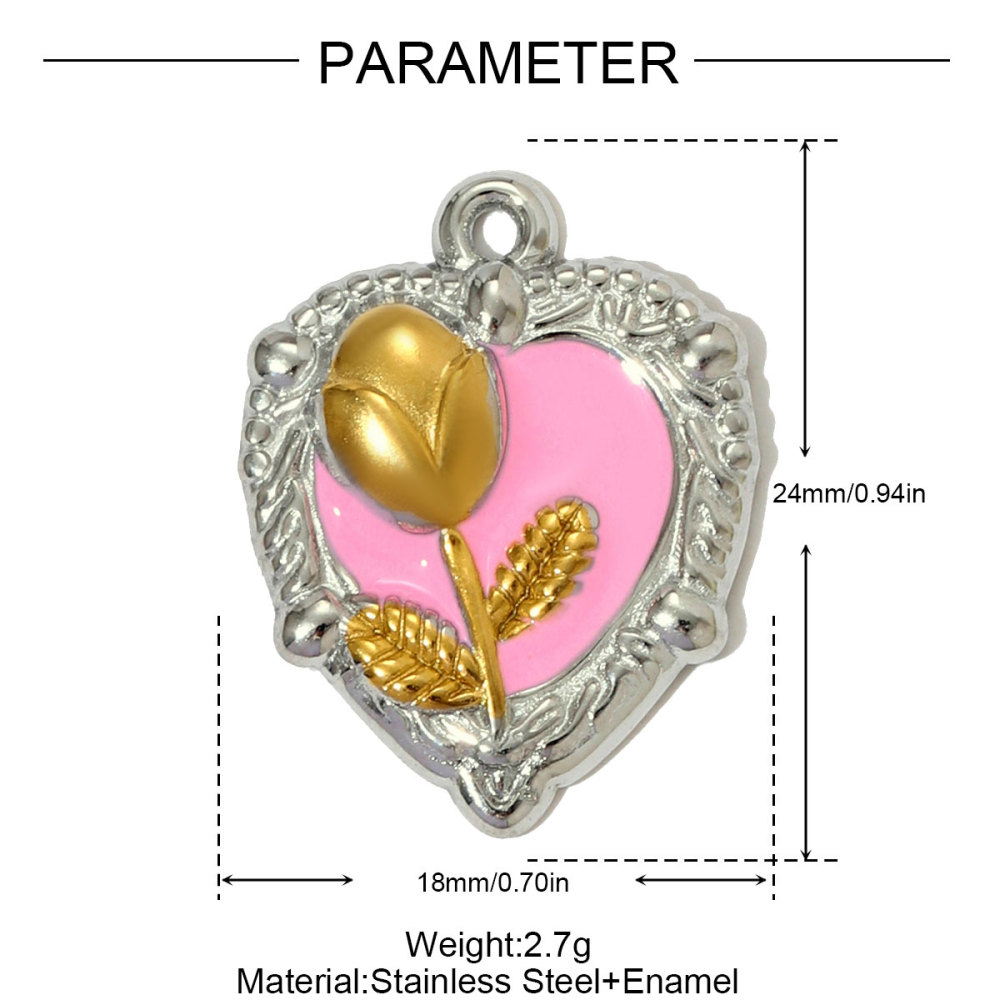 6pcs/pack French Two Tone Stainless Steel Rose Love Heart Necklace Pendants Enamel Flower DIY Earrings Charms Women Daisy Jewelry