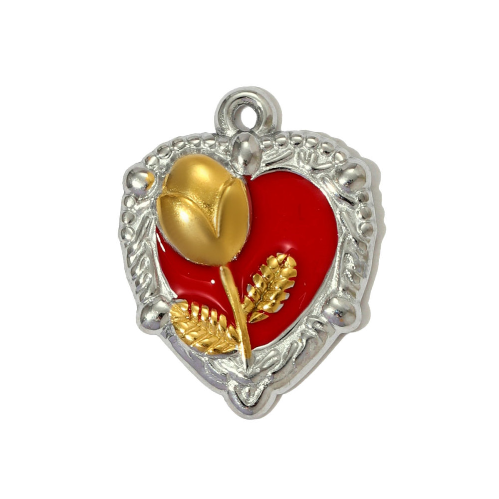 6pcs/pack French Two Tone Stainless Steel Rose Love Heart Necklace Pendants Enamel Flower DIY Earrings Charms Women Daisy Jewelry